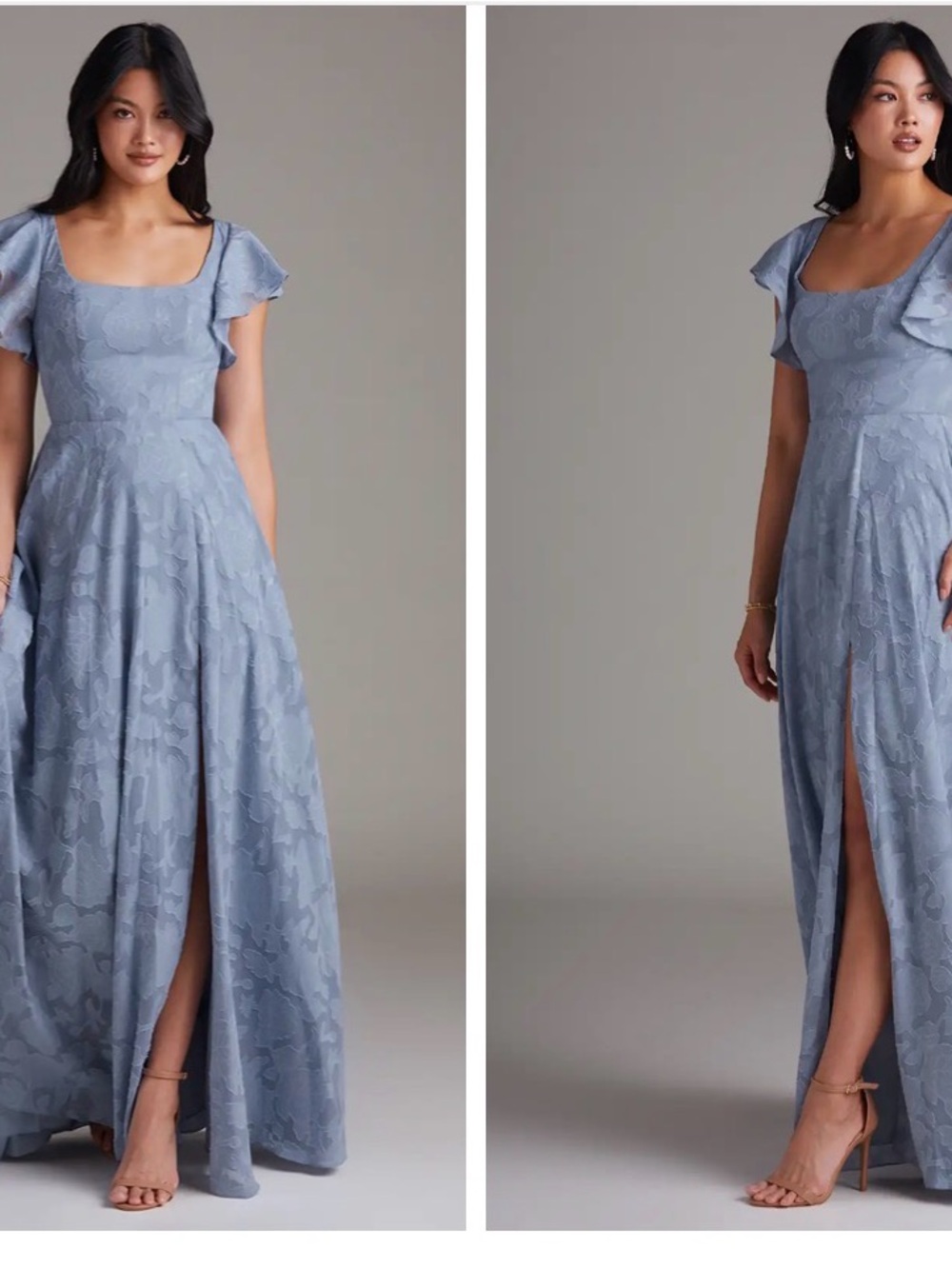 Azazie Dusty Blue Floral Jacquard Maxi Dress with Square Neck